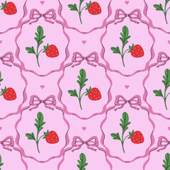 Seamless pattern with strawberries and bows on a pink background. Vector graphics.