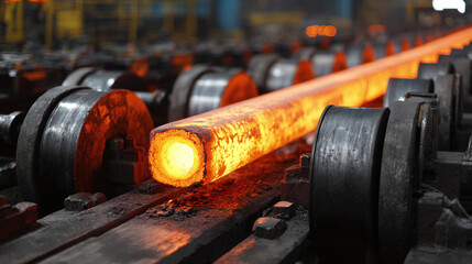 Glowing hot metal bar moving along rollers in factory