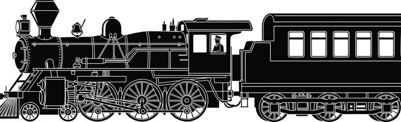 Vintage steam locomotive illustration, classic railway train engine with passenger car, historical transportation silhouette, retro railroad design © Md
