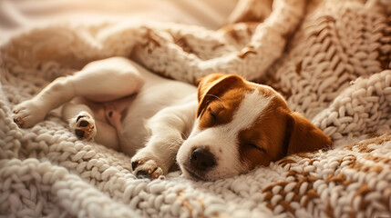 Cuddly puppy sleeping peacefully on soft blanket