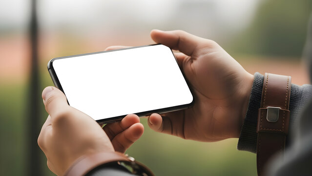 Man Hands Holding Horizontal Smartphone Mockup Outdoors with Watch - Powered by Adobe