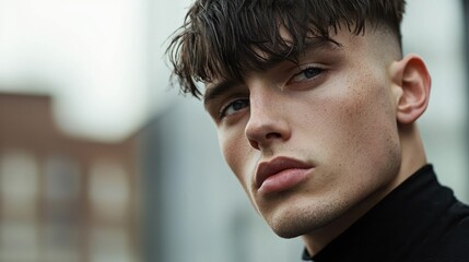 A young man with wet hair, wearing a black turtleneck, stands outdoors with a blurred cityscape in the background.