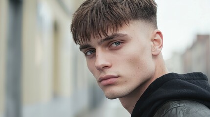 A young man with short, dark hair and a serious expression, wearing a black hoodie, stands in an urban setting with a blurred background.