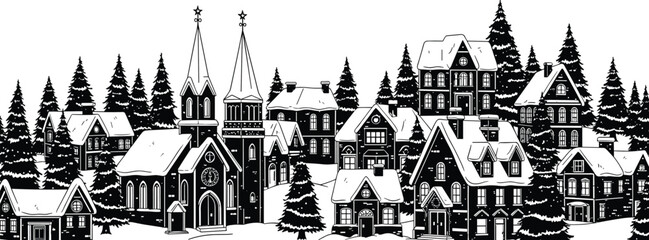 Fototapeta premium Winter snow village landscape with church, houses, pine trees, snowfall, holiday scenery, Christmas town illustration, festive season wintertime decorative artwork