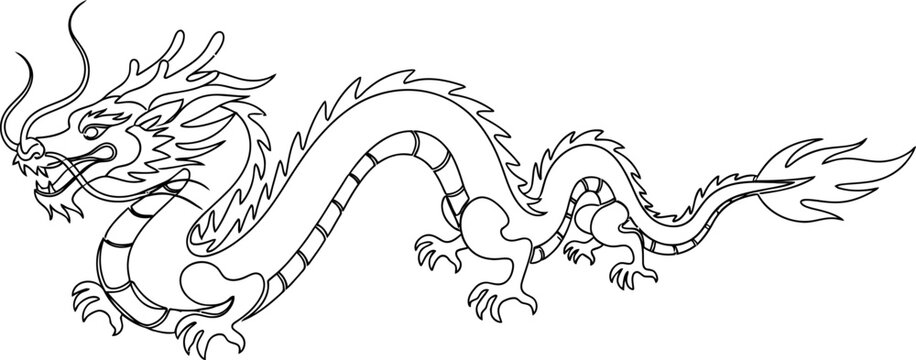 Chinese dragon illustration in black and white line art style for design and decoration purposes easily editable