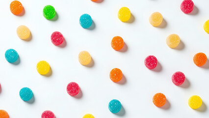 Vibrant assortment of jelly candies in shades of yellow and orange arranged in rows