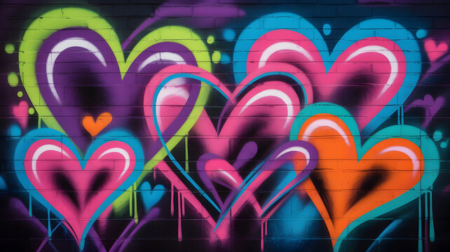 Colorful Overlapping Hearts Graffiti on Urban Brick Wall with Dripping Paint Effect