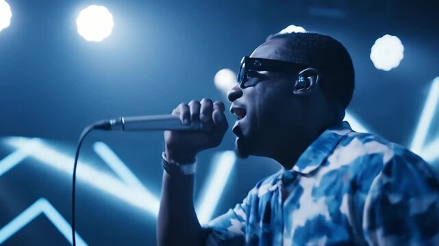 Cinematic Profile of Male Singer Performing Live Under Blue Neon Lights
