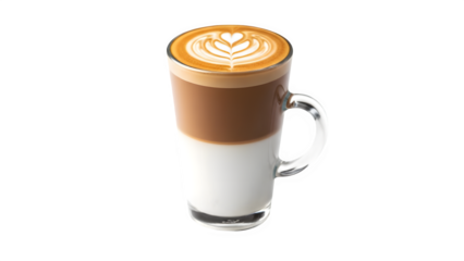 A glass mug of layered latte coffee isolated on transparent background