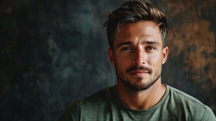 A man with short, dark hair and a beard, wearing a green t-shirt, looking directly at the camera with a serious expression.