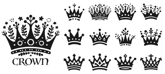 Crown icon set. Royal crown symbol collection.