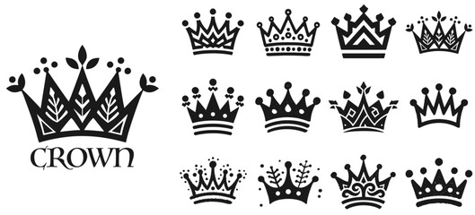 Crown icon set. Royal crown symbol collection.