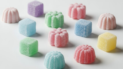 Assorted jelly candies arranged in a fun pattern on a white background
