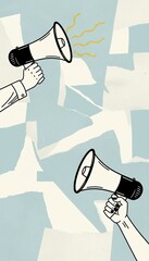 Two hands holding megaphones on abstract pastel background, modern flat vector illustration for announcement, marketing, promotion, communication and advertising concept