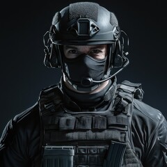 A man in tactical gear, including a helmet, goggles, and a tactical vest, stands against a dark background with a spotlight effect. The man is wearing a black 