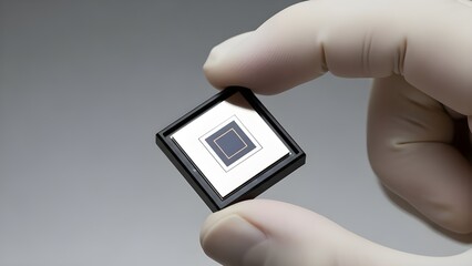 High-Resolution Close-Up of Gloved Hand Holding Semiconductor Chip in Cleanroom Environment &mdash; Technology & Electronics Concept, Quantum Computing with Copy Space, Generative AI
