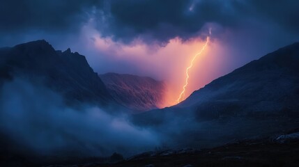 Fototapeta premium A dramatic lightning strike illuminates a dark mountain scene amid swirling storm clouds and deep shadows.