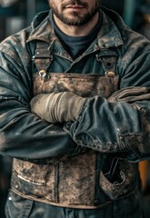 A man in a dirty, worn-out work uniform with gloves and a tool belt, standing in a workshop with a tool in his hand, wearing a beard and mustache, with a serious expression on his face.