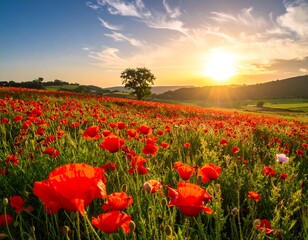 Obraz premium A vibrant field of red flowers under a setting sun