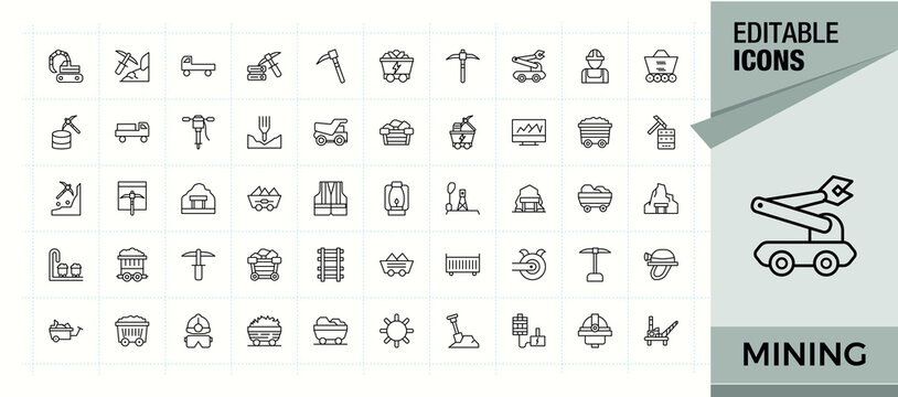 Mining vector icon set. Mineral line icon set. Minimalist editable vector stroke. Includes symbols for underground, industrial, mine, mineral and more. Vector collections.