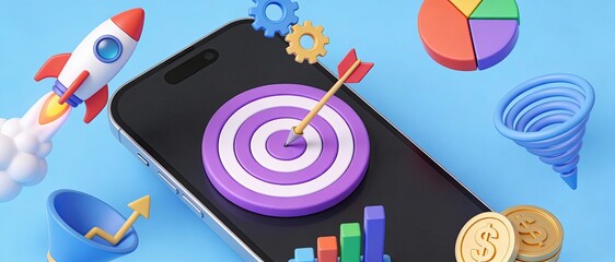 Obraz premium 3D smartphone with bullseye target and arrow, rocket, gears, coins, charts and sales funnel on blue background, mobile marketing analytics and fintech growth concept