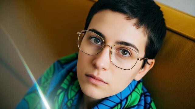 Cinematic portrait of a pensive young caucasian woman with a pixie cut and eyeglasses. Androgynous model with a neutral expression wearing a vibrant patterned shirt