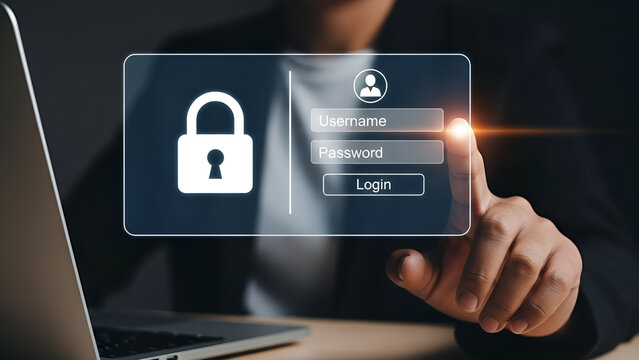 Business professional accessing secured system via digital login prompt displaying security lock icon and input fields - Powered by Adobe
