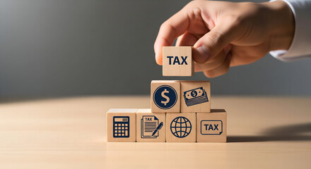 Hand building tax concept with wooden blocks and symbols
