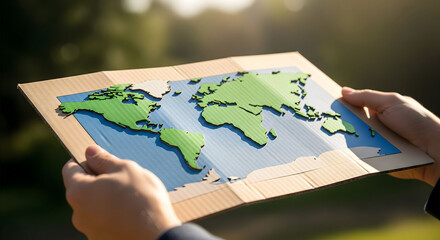 Person holding cardboard world map outdoors with green continents