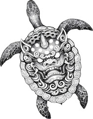 Intricate sea turtle illustration with a mystical Japanese oni mask on its shell.