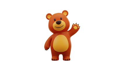 Friendly 3D cartoon bear waving hello on transparent background
