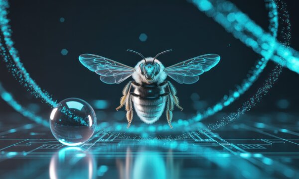 A digitally enhanced honeybee floats amidst a turquoise digital interface - Powered by Adobe