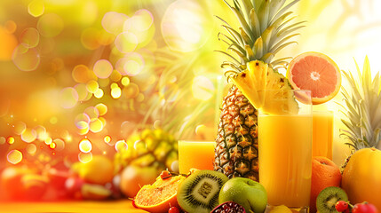 Fresh fruit and juice glasses on vibrant yellow background with bokeh lights