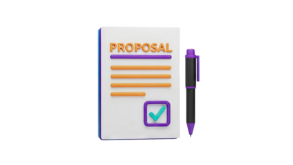3D Proposal Document with Pen and Checkmark on transparent background