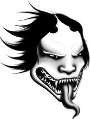 Scary Japanese demon mask line art with sharp fangs and a long protruding tongue.