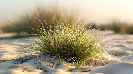 Serene beach grass sways gently in warm sunlight on sandy dunes