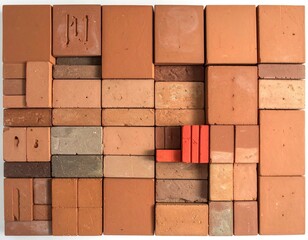 Assorted terracotta tiles and bricks, arranged in a grid, overhead shot
