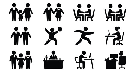 Fototapeta premium People life activities and family relations silhouette icons set on white back