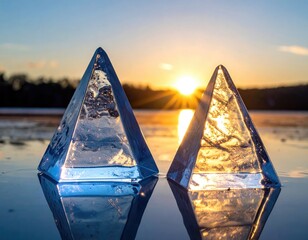 Two clear pyramids reflect sunset's light in still water
