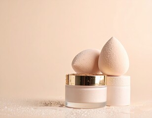 Pink cosmetic products with teardrop applicators against a peach backdrop