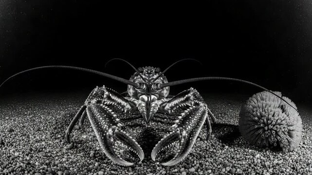 Dramatic monochrome panoramic of a spiny lobster on a rocky seabed. This sequence shows the marine crustacean's movement in a dark, mysterious underwater environment