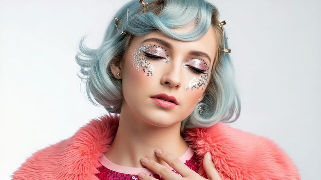 Stylish young caucasian female with dyed blue hair and sparkling glitter face art. Fashion beauty portrait of a model in a pink fur coat for a glamorous party concept