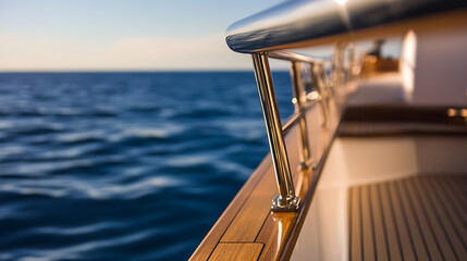 A yacht sailing into the sunset showcases the blend of luxury travel and serene ocean views, complete with polished rails and a beautifully crafted wooden deck.