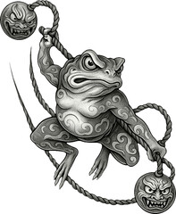 Japanese toad illustration featuring traditional stippled art and a demon bell.