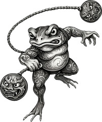 Japanese toad illustration featuring traditional stippled art and a demon bell.