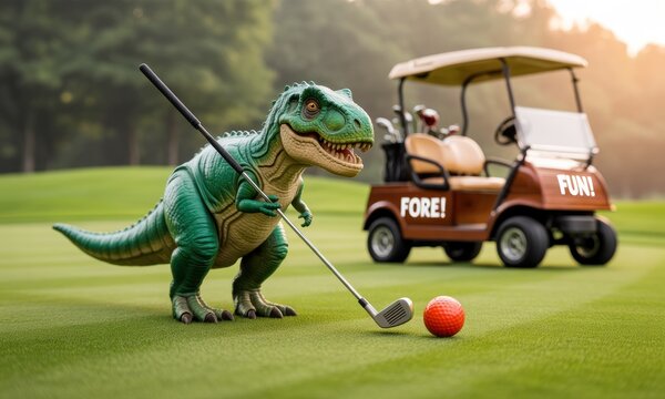 A playful T-Rex dinosaur on a golf course, aiming at a golf ball.  A golf cart is in the background