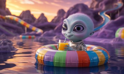 A small, light-skinned alien floats in a water park, sipping a drink.  Sunrise or sunset hues paint the purple landscape.  A vibrant inflatable ring circles its form