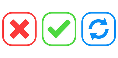 Iconic Decision Trio: Three vibrant icons symbolize the essence of choice, confirmation, and renewal, presented with vivid colors and clean lines, perfect for conveying crucial messaging.