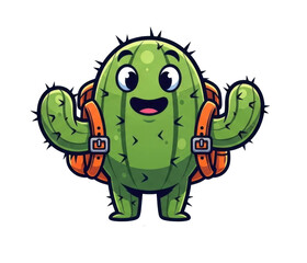 Fototapeta premium A cheerful cartoon cactus character with a backpack, smiling and ready for adventure.