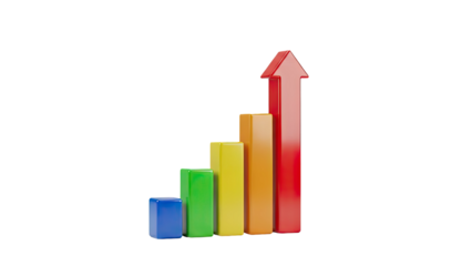 Bar chart with red arrow showing upward trend on transparent background